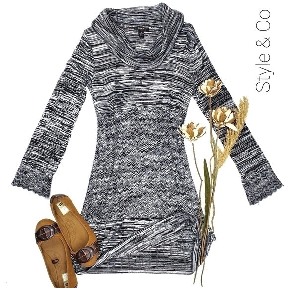 Style & Co. Grey Blk Stripe Cowl Neck Dress Small - Picture 1 of 12